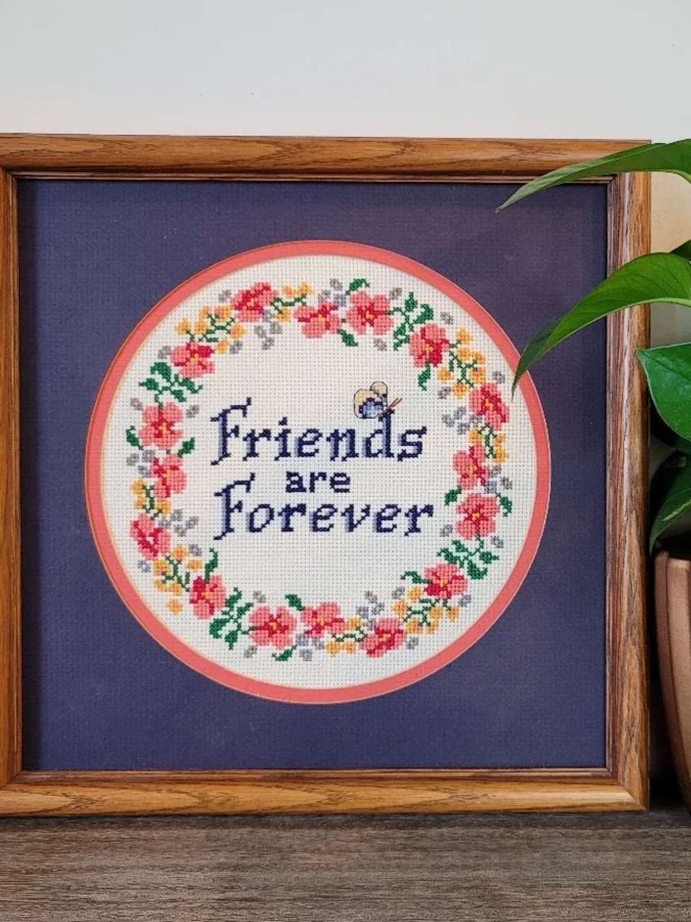 Friends Are Forever Floral Cross-Stitch Wall Art - Blue and Coral